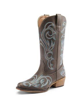 Dream Pairs Women's Brown Mid Calf Cowgirl Boots Square Toe Chunky Heel Shoes